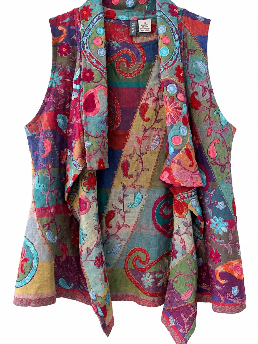ANU 100% Wool Sleeveless Vest Womens Medium Art To Wear Boho Floral Embroidered